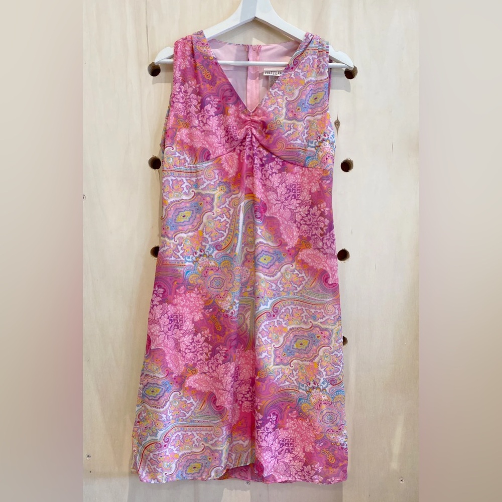 Y2K Vintage Pink Paisley Sleeveless Dress with Ruching